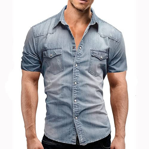 Men Denim Thin Shirt Short Sleeve Soft Cotton Two Pockets Slim Slight Elastic Jeans Cowboy Shirt (light blue,Medium)