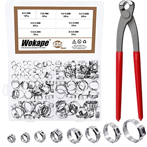 Wokape 135Pcs 6-28.6mm Single Ear Hose Clamps with Ear Clamp Pincer, 304 Stainless Steel PEX Pinch Clamps Cinch Rings Crimping Tool Stepless Hose Clamp for Securing Pipe Hoses and Automotive