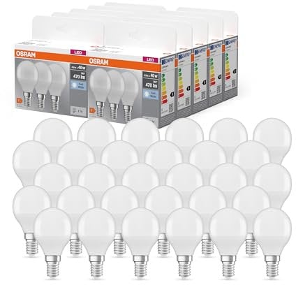 OSRAM LED BASE Classic P40, lampade LED a filamento smerigliato in vetro per base E14, forma di candela, bianco freddo (4000K), 470 lumen, sostituisce le lampadine 40W, scatola di 30 lampade