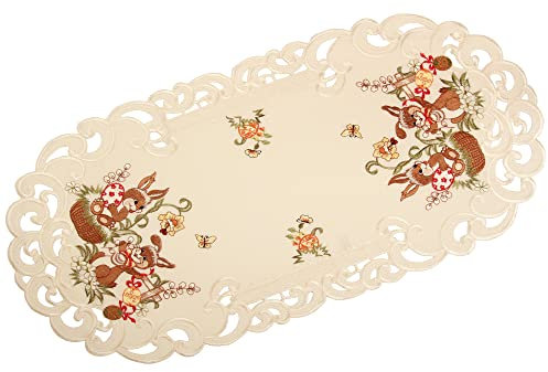 Quinnyshop Ostern Tischläufer Häschen Ostereier Stickerei Ecru Creme Leinen Optik ca. 34 x 68 cm Oval