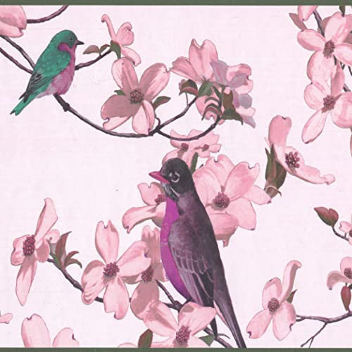 Dundee Deco DDAZBD9563 Peel and Stick Wallpaper Border - Floral Pink Green Birds Flowers Wall Border Retro Design, 15 ft x 7 in (4.57m x 17.78cm), Self Adhesive