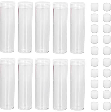Lot de 10 étuis ronds en plastique transparents pour stockage de pièces de monnaie Porte-tube de protection Facile à charger Tubes de pièces en plastique Collection de pièces avec 20 éponges de coussi
