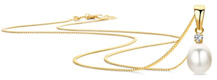 OROVI Damen Goldschmuck, Perle Kettenanhänger mit Zirkonia und Panzerkette 45 cm, 14 Karat (585) Gelbgold, Süßwasser perle oval 7 mm