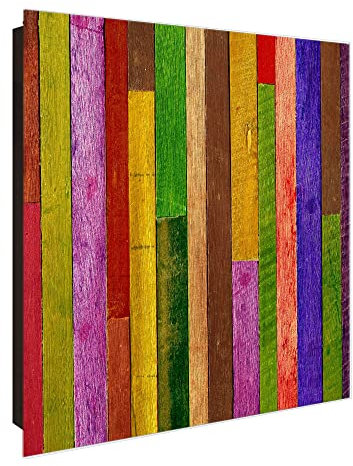 banjado® Großer Schlüsselkasten Glas/Schlüsselbox 30cm x 30cm mit 50 Haken - Motiv Holz Collage Bunt/Schlüsselkasten modern für Schlüsselaufbewahrung mit beschreibbarer, magnetischer Glastür