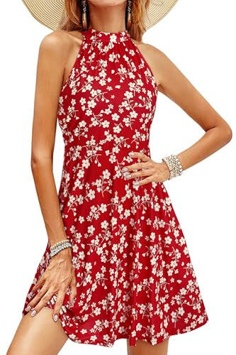 OUGES Sommerkleid Damen Knielang Neckholder kleid Sommer Blumenmuster Elegant Cocktailkleid