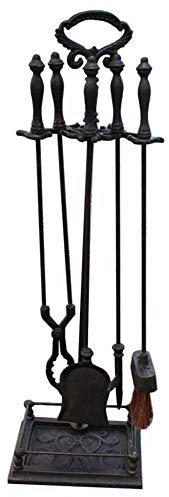 Kamin-Werkzeug-Set, 5-teilig, Schmiedeeisen, Feuerstelle, Schürhaken, Holzofen, Holzzzzangen, Halter, Kaminwerkzeug-Set mit Standplatz, 81,2 cm (Schwarz)
