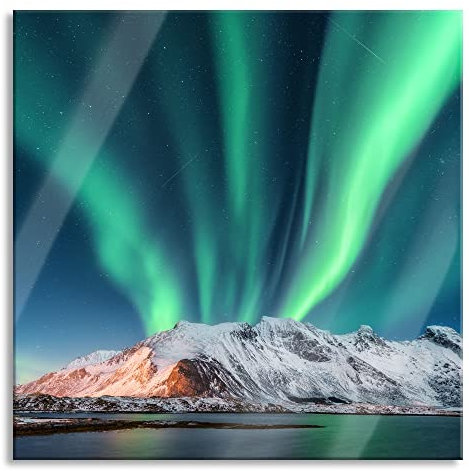 Pixxprint Glasbild, Wandbild auf Echtglas, Nordlichter über Gletscher in Norwegen, 40x40 cm, inkl. Aufhängung und Abstandshalter
