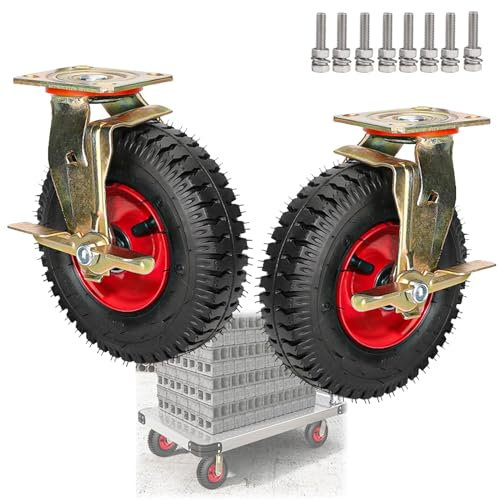 Rollen Transportrollen Metall Lenkrollen, Schwarz-rot Air Luft Reifen, Kugellager 360°Drehbar, Lenkrollen Mit Bremse, for Trolleys, Möbelroller Transportroller, Werkbank Rollen