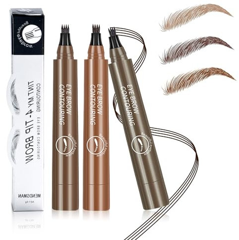 3 Stück Augenbrauenstift Härchenzeichnung, 3D Augenbrauenstift Wasserfest Microblading Magischer Augenbrauenstift mit 4 Gabelspitze, Natürliche Augenbrauen Brauen (Dunkelbraun, Hellbraun)