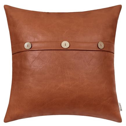 BRAWARM Leder-Kissenbezüge, 40,6 x 40,6 cm, Cognac-Kunstleder-Kissenbezug mit 3 Knöpfen, dekoratives Lederkissen für Couch, Sofa, Bett, Zuhause, Garten, BWA023H16