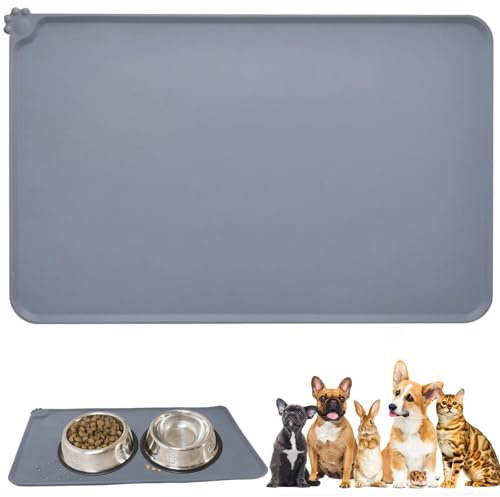 Silicone Dog and Cat Food Mat - Non-Slip, Waterproof Feeding Tray for Pets - Cushion to Stop Food Spills and Water Messes (Grey, 48cm*30cm)
