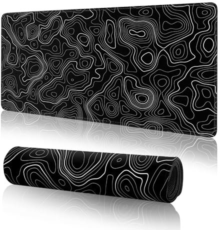 Sous-main de bureau avec motif de carte topographique, grand tapis de souris de jeu et clavier minimaliste avec revers antidérapant et bords cousus, noir, 80 x 30 cm