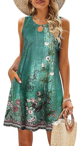 VEUNCOS Sommer Strandkleid für Frauen Cover Up Ärmelloses Sonnenkleid Kurzes Freizeitkleid,Grün S