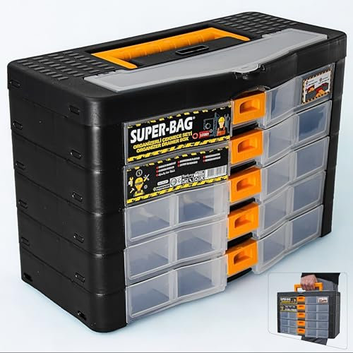 Werkzeugkoffer Kleinteile Organizer 5 Schubladen 390x190x260mm Sortierkasten 26 Innenfächer verstellbar Sortimentskasten stapelbar Werkzeugbox Aufbewahrungsbox Kleinteilemagazin