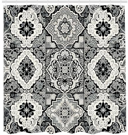 ABAKUHAUS Grau Duschvorhang, Orientalische Kunst Marokkanisches aus blühenden und gewundenen Blättern, Stoffliches Gewebe Badezimmerdekorationsset mit Haken, 175 x 200 cm, Off-White Dimgray