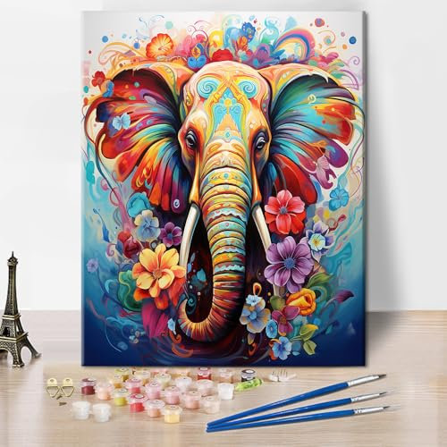 TISHIRON Peinture par numéros pour adultes, éléphant avec fleurs, peinture par numéros pour adultes, papillons et papillons - Peinture à l'huile acrylique colorée - 40,6 x 50,8 cm