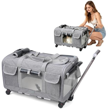 PETCUTE Transporttasche für Katze mit Rollen,Atmungsaktiv Katzen Transporttasche für 2 Katzen,Faltbarer Katzentransportbox Hundetragetasche mit Teleskopgriff,Herausnehmbare Matte, ideal für Reisen