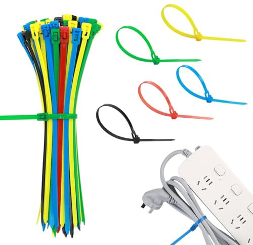 100Pcs Reusable Cable Ties 200mmX5mm Multi-Color Nylon Heavy Duty Zip Ties Tensile Strength Adjustable Secure Self-Locking Mechanism Straps Wraps Ideal for Home Office DIY Projects(5 Colors)