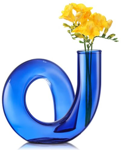 Joeyan 12CM Florero Pequeño de Vidrio, Azul Jarrones de Cristal para Centros de Mesa Modernos para na Sola Flor y Flores Secas Decorativo Geométrico el Hogar, Sala de Estar, Oficina, Jarrón Abstracto