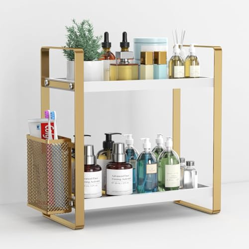 LEMIKKLE Skincare Perfume Organiser for Vanity, Bathroom Organiser Countertop, coffee station,Spice Rack 2-Tier Wood kitchen storage And organisation (Whtie)
