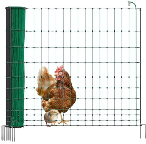 VOSS.farming Geflügelnetz 25m 122cm hoch Basic - Hühnerzaun elektrifizierbar, 7 stabile Pfähle mit Doppelspitze, grüner Geflügelzaun, Flexibler Zaun, mobiler Begrenzungszaun für Hühner, Haustiere