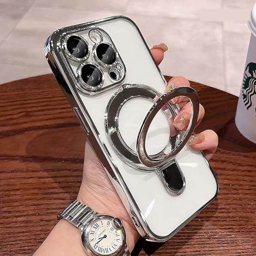 ZinLyuen Magnetic Case for iPhone 16 Pro Case Stand & Ring Holder Compatible with MagSafe Built-in Camera Lens Protector Shockproof Phone Case for iPhone 16 Pro 6.3 - Silver