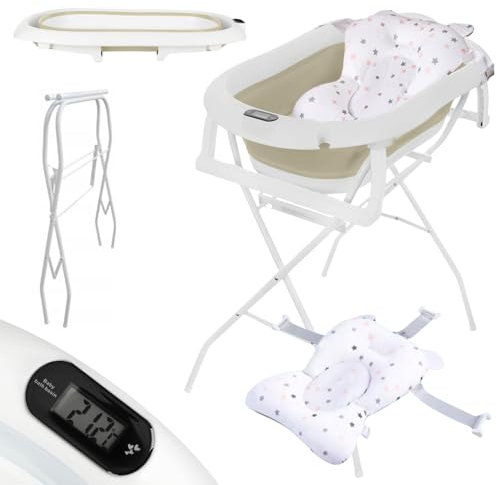 Primabobo Baignoire bébé pliante - baignoire pour bébé pliable avec un oreiller de bain (Premium beige (Oreiller, thermomètre), Baignoire pliable avec support)