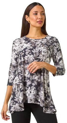 Roman Originals Hanky Hem Tunic Top for Women UK - Ladies Longline Blouse Asymmetric Hemline Casual Slouch Loose 3/4 Sleeves Round Neck Relaxed Comfortable Holiday - Grey Noir - Size 14