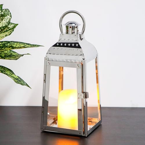 TRIROCKS Kerzenlaternen aus Edelstahl 30 cm hoch Dekorative Kerzenhalter mit Gehärtetem Glas für Drinnen und Draußen Veranda Garten Partys Hochzeiten und Veranstaltungen (Silber)