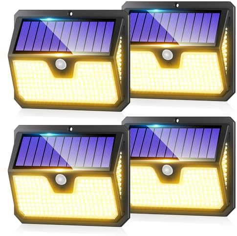 Outdoor Solar Lights Motion Sensor - 238 LED Solar Powered Security Light 3 Modes 270° Wide Angle IP65 Waterproof Outside Solar Pir Wall Lighting for Garden Yard Driveway 4 Pack Warm White
