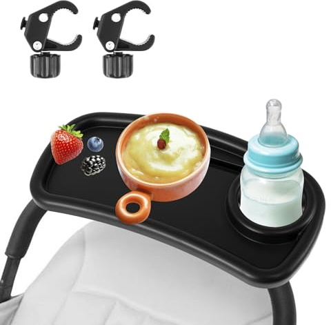 Baby Stroller Snack Tray with Cup Holder Universal Stroller Food Tray Removable Stroller Organizer with Adjustable Buckle &Hooks Reusable Stroller Snacks Holder for Strollers (39×18.5×6cm)