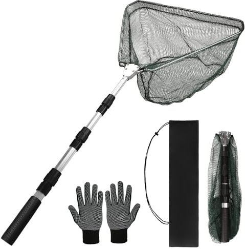 HEYOMART Fishing Net Fishing Landing Net Telescope Foldable Collapsible Extensible for Bird Fish Catch Release Lightweight Portable Aluminum Alloy Frame with Gloves and Storage Bag, 130cm
