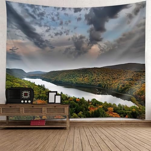 Tolldek Wandteppich Grün Grau 200 x 200 cm, Natur Landschaft Wandteppiche Fluss Baum Wandbehang Wandtücher für Schlafzimmer