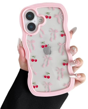 ZTOFERA for iPhone 16 Plus Case 6.7 inch,Cute Curly Wave Frame Shape Case with Cherry Ribbon Bow Pattern, Clear Slim Shockproof Hard PC Bumper Phone Cover for Women Girls, Peach Pink