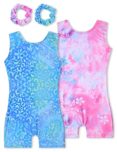 Tstiti Gymnastics Leotards for Girls 2 Pack Sparkly Kids Biketards Dance Unitards Matching Hair Scrunchies Green Purple Leopard Butterfly 11-12 Years