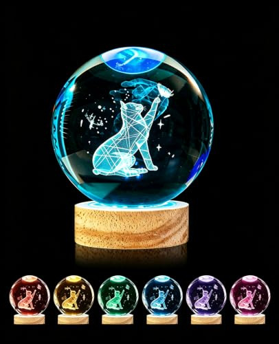 3D nachtlicht katze, 16-Farben Farbverlauf Glas Kristall LED Kugellampe | USB-Stromversorgung, lasergravierte 3D-Katze, Dekoration fürs Mädchenzimmer, Geschenk für Kinder