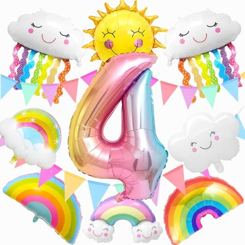 11 Stück Regenbogen Deko Kindergeburtstag Set,Deko Geburtstag Mädchen,Luftballon 4,Geschenke 4 Jährige Mädchen(4)