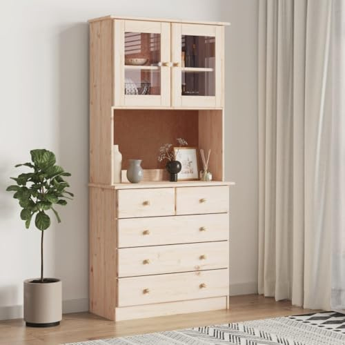 HETFTJN ALTA Hochboard 77x35x165 cm, Kiefer massiv mit Glastüren & Schubladen, Sideboard Vitrine für Wohn-, ESS-, Schlafzimmer, Flur, Küche