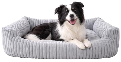 Odolplusz waschbares Hundebett 95x75cm Hundekissen aus Cord – Weiches Katzenbett rutschfest – Hundesofa in grau für mittlere Hunde – Formstabile Hundematratze flauschig mit Rand