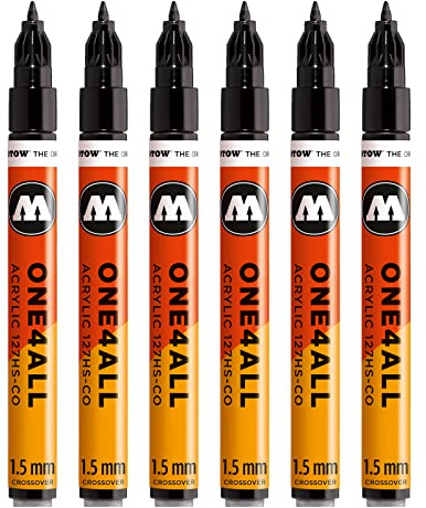Molotow One4All 127HS-CO Acryl Marker 6 Stück, Farbe 180 signalschwarz | 1,5 mm Strichstärke, hochdeckend und permanent, schnell trocknend, UV-beständig, nachfüllbar, für fast alle Untergründe