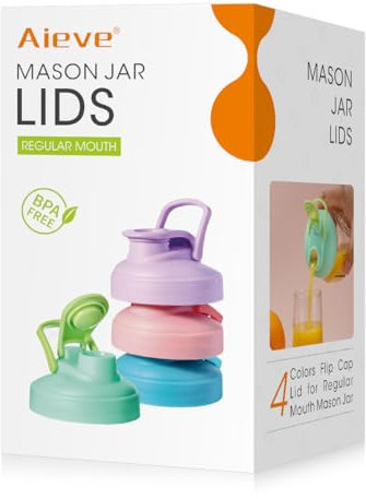 AIEVE Mason Jar Lids with Flip Top, 4 Pack, Reusable, Lid Leak-Proof Seal for Regular Mouth Mason Jars Canning Jars to Pouring Milk Coffee Lemonade (Jars not Included)