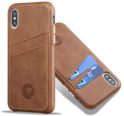 LUCKYCOIN Genuine Leather Case with Card Holder for iPhone XS MAX 6.5in,Wallet Case with Metal Buttons,Dark Brown ﻿