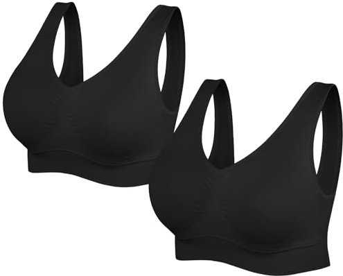 SIMIYA Super Comfort Bra, Womens Sports Bras Removable Pads Plus Size Sleep Bras for Girls in Yoga Bralette Leisure Stretch Crop Tops Vest (XXL, 2 Pack Black)