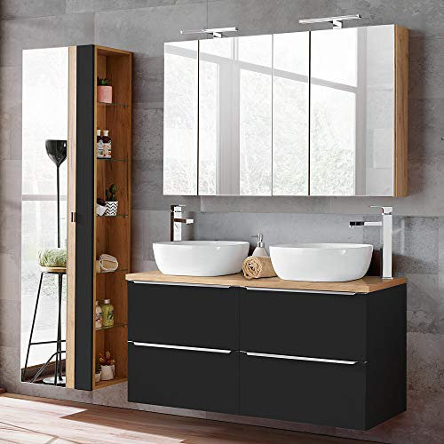 Lomadox Badezimmermöbel Set 120 cm Doppel Waschtisch, 2 Aufsatz Keramik Becken, 2 Spiegelschränke und Hochschrank in seidenmatt anthrazit & Wotaneiche
