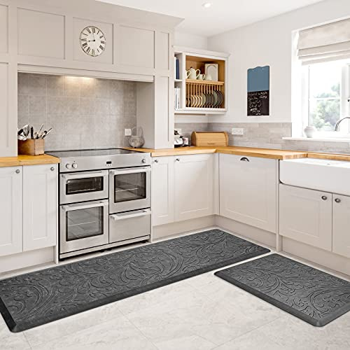 KMAT 2 x Küchenmatte, gepolstert, Anti-Ermüdung, Bodenmatte, wasserdicht, rutschfest, Stehmatte, ergonomischer Komfort, Teppich für Zuhause, Schreibtisch (43.9 x 71.1 cm + 43.9 x 152.4 cm, grau)