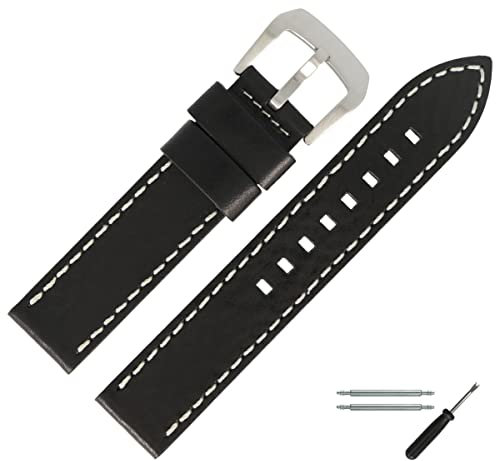 MARBURGER Uhrenarmband 22mm Leder Schwarz Silber Mit Naht - Montage Set 7812210000120