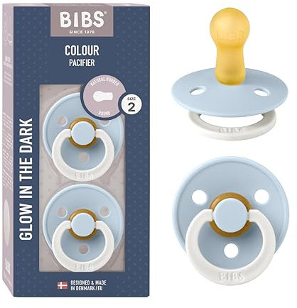 BIBS Colour Glow Schnuller 2er-Pack, BPA-frei. Leuchtet im Dunkeln, Kirschform Nippel. Naturkautschuk/Latex, Hergestellt in Dänemark, Größe 2 (6-18 Monate), Baby Blue Glow