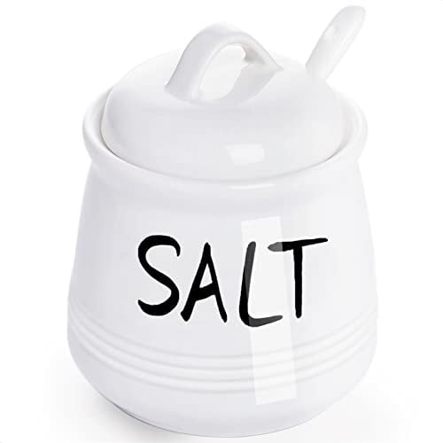 HAOTOP Salt Bowls with Lid and Spoon -12 oz Ceramic Salt Cellar, Salt Containers, Spice Box for Counter, Farmhouse Kitchen Decor, White