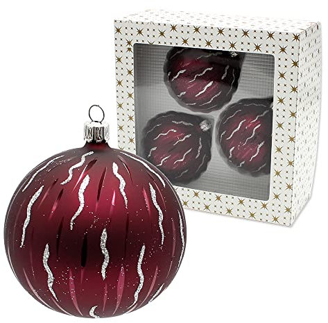 Thüringer Christbaumschmuck - 3er Set Christbaumkugeln in lila - Beere matt mit Dekor, Größe ca. 8 cm, mit silbernem Krönchen. Mundgeblasen und Handdekoriert.