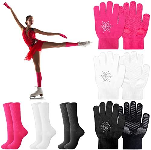 Hicarer 6 Pairs Figure Skating Gloves Socks Set Ice Skating Socks Anti Slip Gloves with Rhinestone Snowflakes Winter Gloves